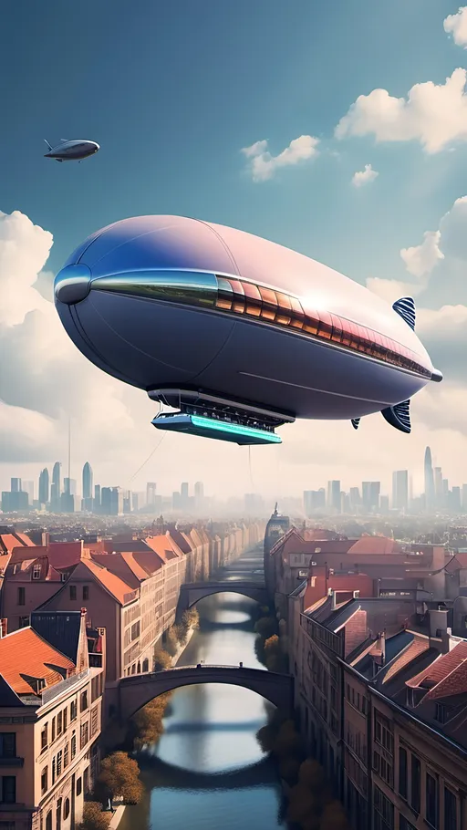 Prompt: A futuristic blimp flying in the skies of a beautiful city