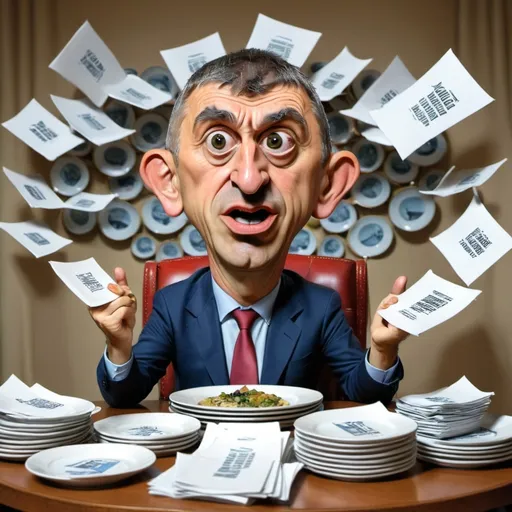 Prompt: „Satirical political cartoon of Andrej Babiš sitting at a large table, in front of him piles of ‘ministries’ as plates, he is dramatically dividing them, with humorous exaggerated expressions, papers flying around, banner above saying ‘Koaliční program počká, nejprve koryta, pak práce’, cartoon style, vibrant colors, humorous, exaggerated, comic style“