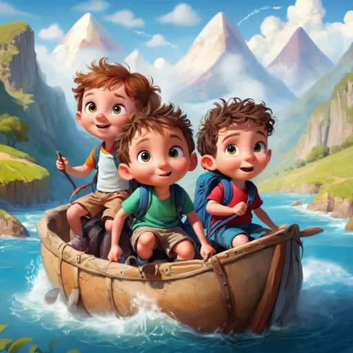 Prompt:  adventure, the3 little kids set out on a journey 