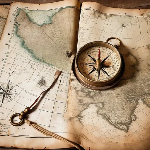 Prompt: old compass faded journal and map