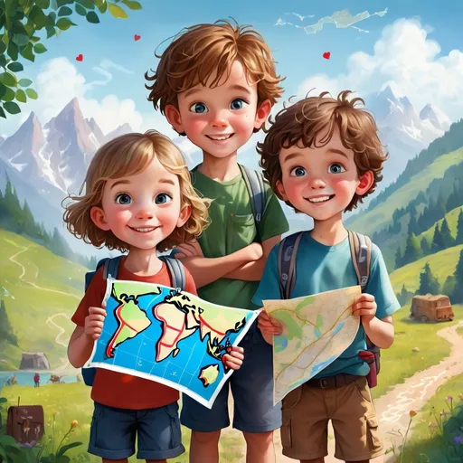 Prompt:  the three young kids with the map in hand and their hearts full of adventure, they set out on a journey 
