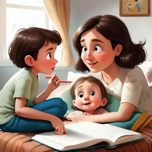 Prompt: draw story book children listening to mom reading  book 

