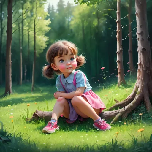 Prompt: little Girl sitting on the grass in the Forrest