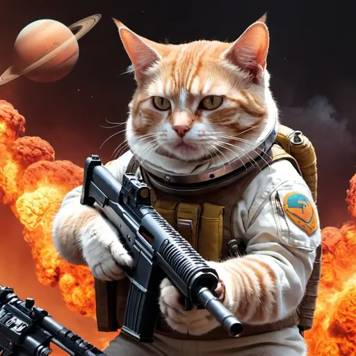 Prompt: a cat with a gun on a fire planet