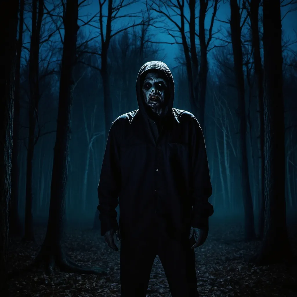 Prompt: a scary man standing in the woods at night