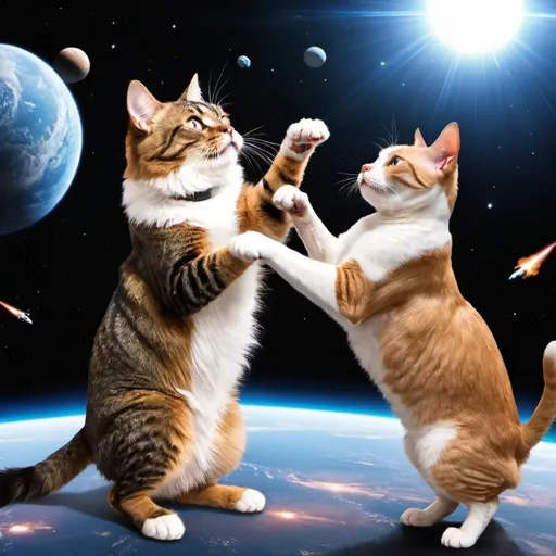 Prompt: a cat is space fighting a dog