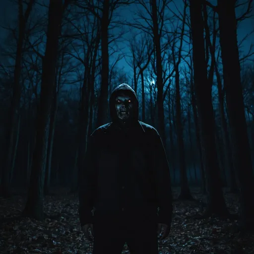 Prompt: a scary man standing in the woods at night