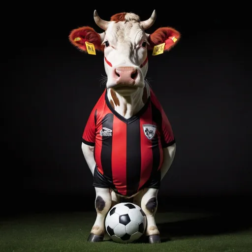 Prompt: A Cow dressed up in a red and black vertical striped football shirt, without sponsors , with a black background
