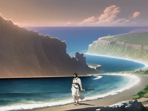 Prompt: A 30-year old man walking on the shoreline of the Sea of Galilee - 250 AD, with walking staff, dressed in knee-length sackcloth, plain leather strap sandals. Man has  shoulder-length dark  hair, medium lenngth beard, and features of face are vague 