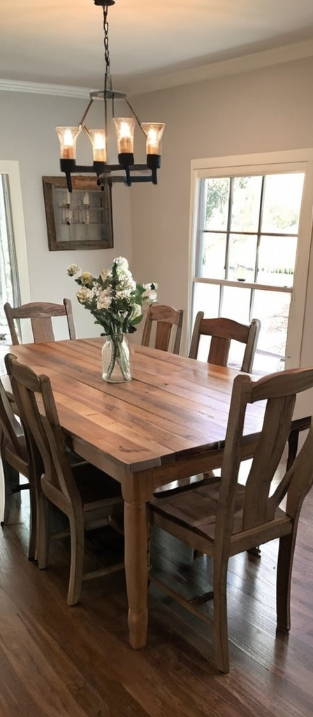 Prompt: farmhouse dining room table that seat 8 people with farmhouse chairs