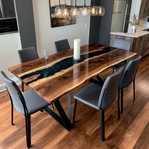 Prompt: black walnut epoxy river table), elegant dining room setup, seats 4 people, (4K resolution), sleek black chairs, modern metal table legs, warm tones from the wood and epoxy, high detailed craftsmanship, inviting ambiance, perfect for gatherings, softly lit, contrasting textures of wood and metal.