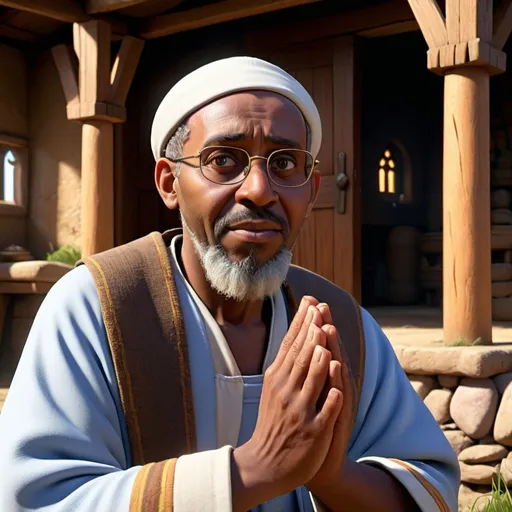 Prompt: /imagine /Abba Yohannes, the wise village priest who offers guidance and a calming presence.hyper-realistic, Bk, ultra hd, Pixar style, Disney style,cinema 4d, -ar 3:2