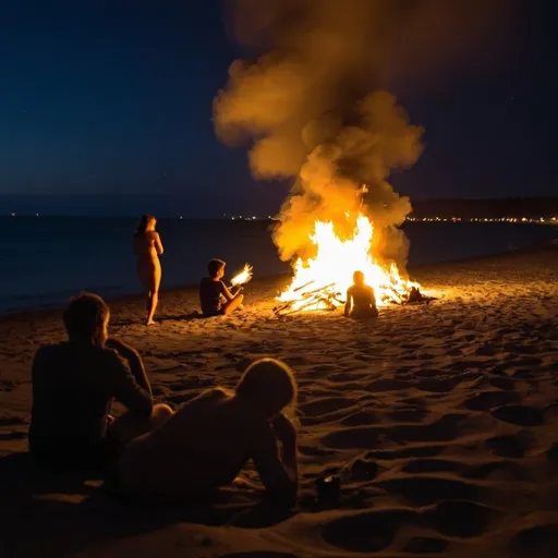 Prompt: people having a fire on the beach at night leaving somone out in the could