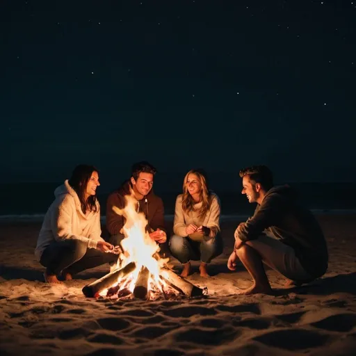 Prompt: friends around a fire on the beach at night getting warm