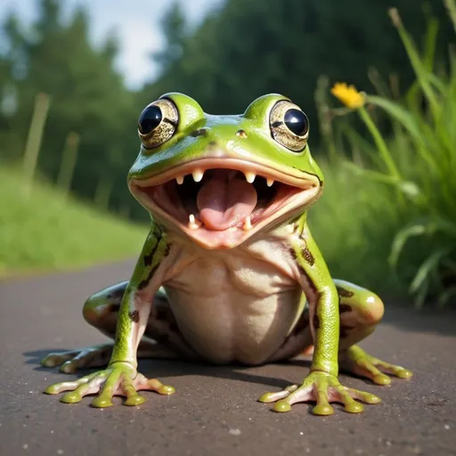 Prompt: happy frog large as a dog about to eat a tiny human. Make it scary. 

more intense
