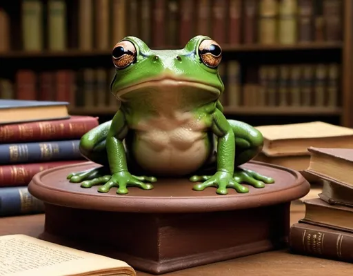 Prompt: Role: Librarian background: Meeting background for zoom I would like a background that has chocolate frogs leaping from a vat of chocolate, but the frogs are real and some look to be on the screen. The picture should be made to frame an empty circle in the middle (where my face will be). Funny, think harry potter frog, and many types of frogs in all colours