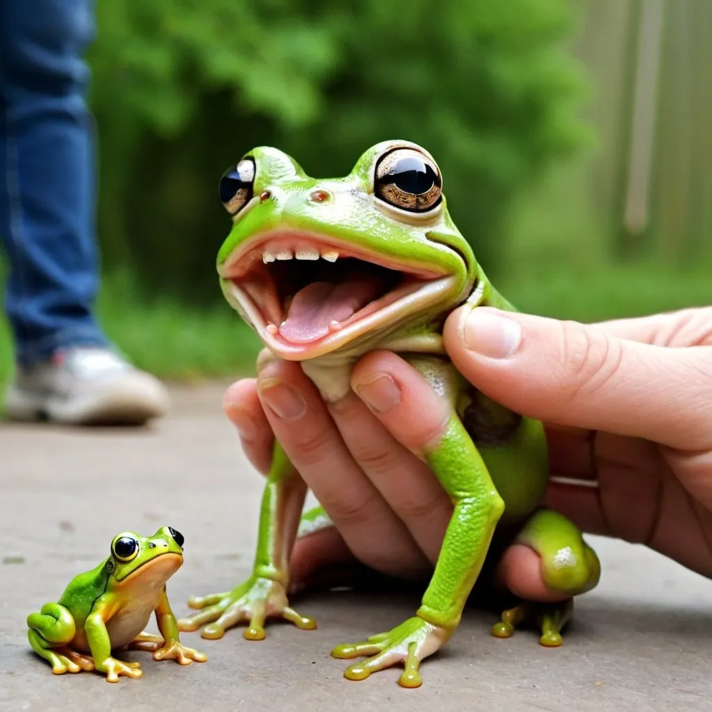 Prompt: happy frog large as a dog about to eat a tiny human
