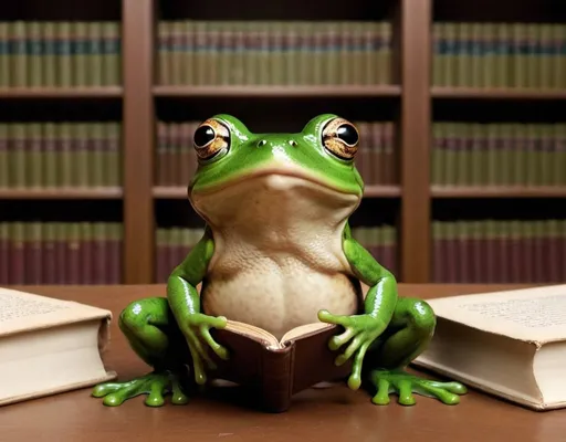 Prompt: Role: Librarian background: Meeting background for zoom I would like a background that has chocolate frogs leaping from a vat of chocolate, but the frogs are real and some look to be on the screen. The picture should be made to frame an empty circle in the middle (where my face will be). Funny, think harry potter frog, and many types of frogs in all colours