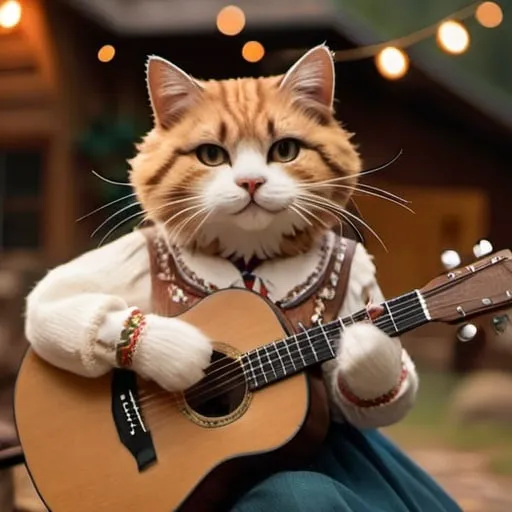 Prompt: Folk singer cat in Taylor Swift's folklore outfit, acoustic guitar in hand, cozy rustic setting, detailed whiskers and fur, warm and earthy color tones, soft natural lighting, high quality, realistic, detailed outfit, expressive eyes, cozy atmosphere