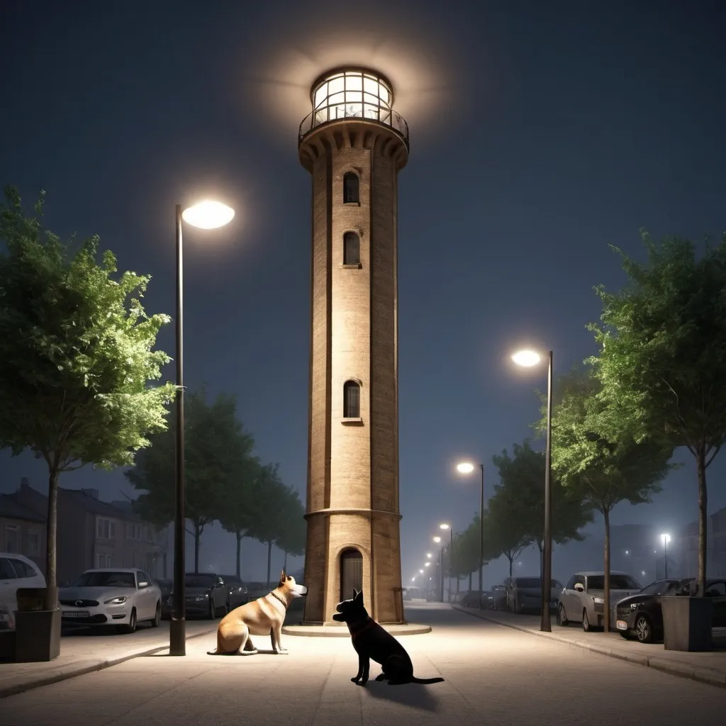 Prompt: The street tower lighting  with dogs sleep and lighting 3d