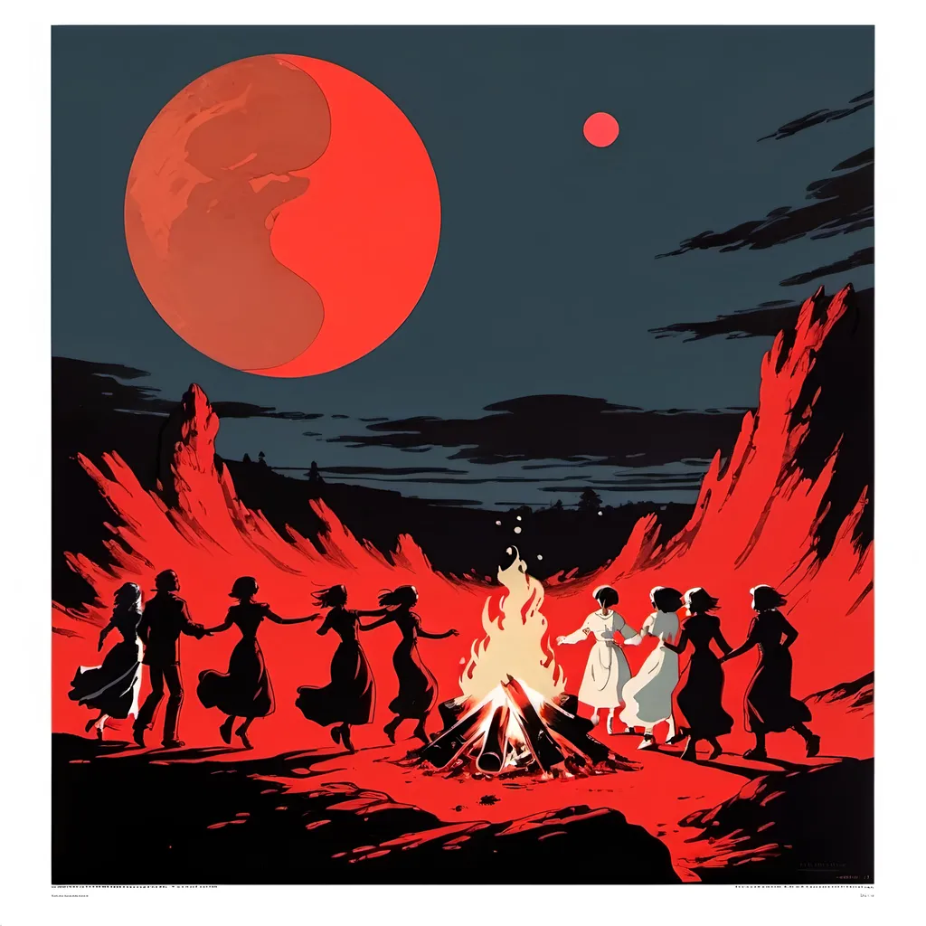 Prompt: a red poster with a group of people dancing around a bonfire with a sky background and a red moon, A.B. Frost, pre-raphaelitism, laurie greasley, a screenprint. Background is eggshell white with slight paper texturing and images are all same shade of cool red as if drawn with a fine tip marker. Abstract, cave painting, minimalist. Similar to Star Children from the movie Howl’s Moving Castle