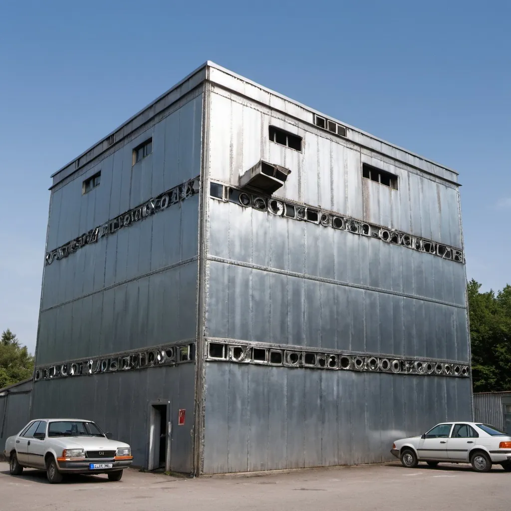 Prompt: A building with metalic walls with car parts sticking out