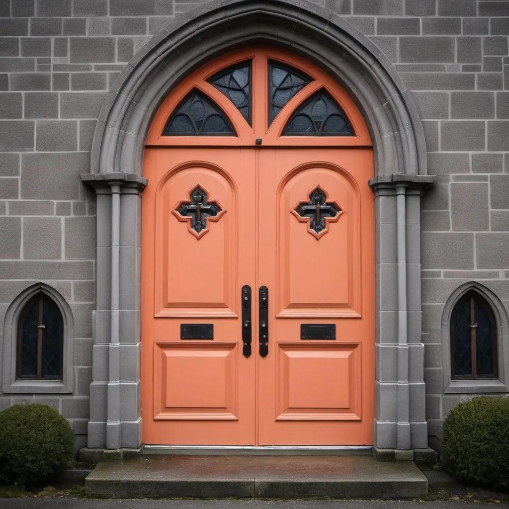 Prompt: A set of salmon doors but on a church instead with a dark background