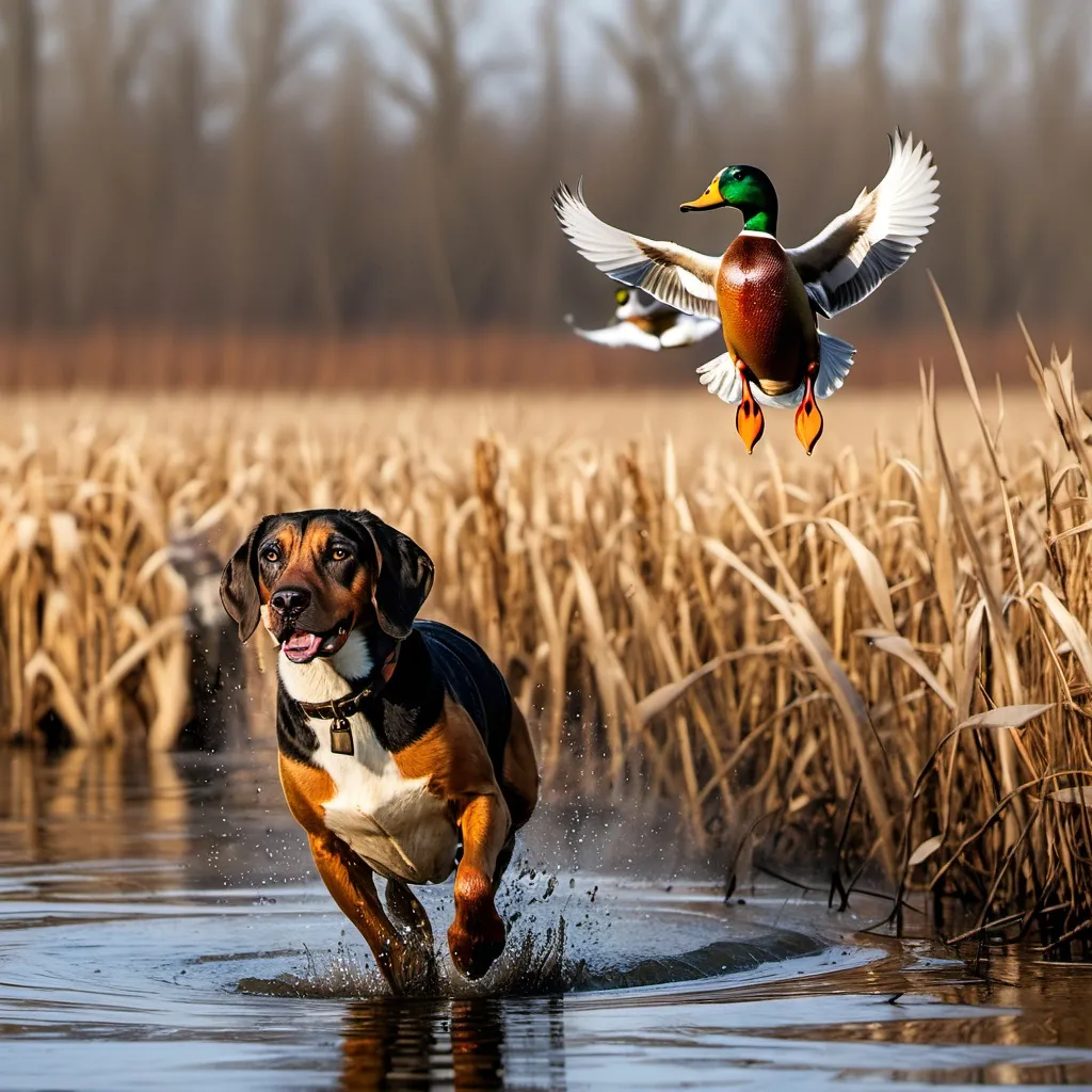 Prompt: duck hunting  with flying mallard ducks and dog

