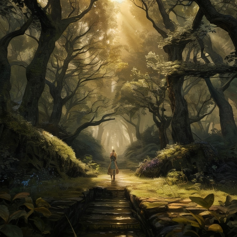 Prompt: Envision an elf ranger poised gracefully among towering ancient trees in a mystical forest, where golden sunlight filters through a verdant canopy, casting dappled patterns on the moss-covered ground. The ranger, clad in intricate leather armor adorned with emerald accents, stands confidently with a bow drawn, a focused yet serene expression revealing their deep connection to nature. Ethereal glimmers of magic dance in the air, and delicate, shimmering leaves drift slowly to the ground like whispers of the forest’s secrets. A soft mist lingers near the forest floor, enhancing the tranquil ambiance of this enchanted realm. This scene radiates a sense of adventure and harmony, reminiscent of a cinematic fantasy art style.