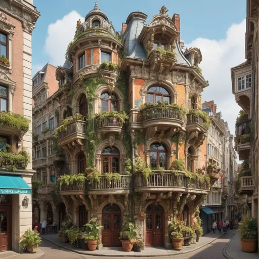 Prompt: a building with a balcony and balconies with plants on it and orcs and elves walking around it on a street corner, Dave Arredondo, maximalism, fantastically gaudy, a flemish Baroque.   