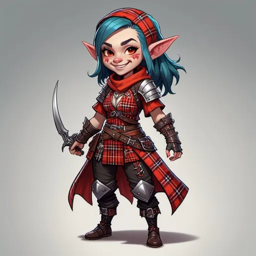 Prompt: D&D style female gnome assassin wearing bright, mismatched plaid patterns and smiling devilishly