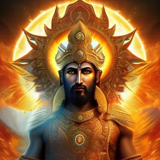 Prompt: High-resolution hyper realistic painting of {iranian sun god} [mithra] , uhd, hdr, 64k, epic scene, crown, upper body, sharp edges, solar suit. sun beam hair, golden eyes