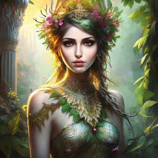 Prompt: High-resolution hyper realistic painting of {iranian vegetation goddess} [ameretat] , uhd, hdr, 64k, epic scene, crown, upper body, sharp edges, tree suit. flower hair, leaf eyes