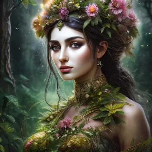 Prompt: High-resolution hyper realistic painting of {iranian vegetation goddess} [ameretat] , uhd, hdr, 64k, epic scene, crown, whole body, sharp edges, tree suit. flower hair, leaf eyes