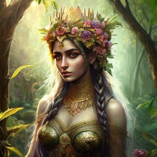 Prompt: High-resolution hyper realistic painting of {iranian vegetation goddess} [ameretat] , uhd, hdr, 64k, epic scene, crown, upper body, sharp edges, tree suit. flower hair, leaf eyes