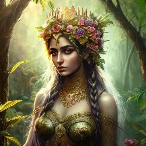 Prompt: High-resolution hyper realistic painting of {iranian vegetation goddess} [ameretat] , uhd, hdr, 64k, epic scene, crown, upper body, sharp edges, tree suit. flower hair, leaf eyes