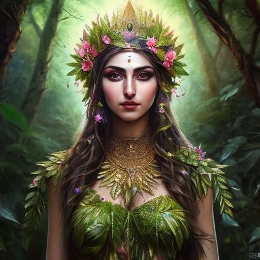 Prompt: High-resolution hyper realistic painting of {iranian vegetation goddess} [ameretat] , uhd, hdr, 64k, epic scene, crown, upper body, sharp edges, tree suit. flower hair, leaf eyes