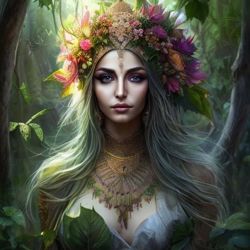 Prompt: High-resolution hyper realistic painting of {iranian vegetation goddess} [ameretat] , uhd, hdr, 64k, epic scene, crown, upper body, sharp edges, tree suit. flower hair, leaf eyes