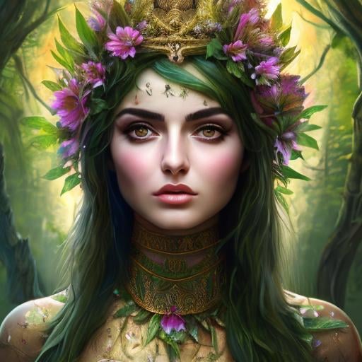 Prompt: High-resolution hyper realistic painting of {iranian vegetation goddess} [ameretat] , uhd, hdr, 64k, epic scene, crown, upper body, sharp edges, tree suit. flower hair, leaf eyes