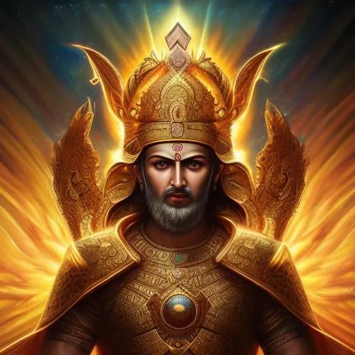 Prompt: High-resolution hyper realistic painting of {iranian sun god} [mithra] , uhd, hdr, 64k, epic scene, crown, upper body, sharp edges, solar suit. sun beam hair, golden eyes