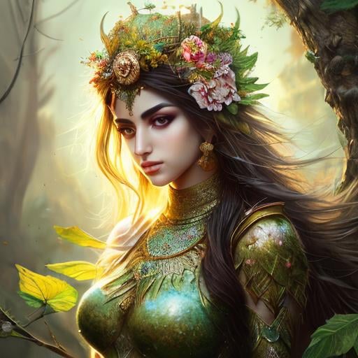 Prompt: High-resolution hyper realistic painting of {iranian vegetation goddess} [ameretat] , uhd, hdr, 64k, epic scene, crown, upper body, sharp edges, tree suit. flower hair, leaf eyes