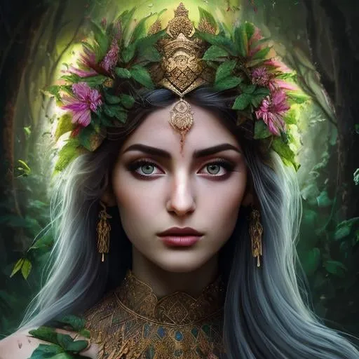 Prompt: High-resolution hyper realistic painting of {iranian vegetation goddess} [ameretat] , uhd, hdr, 64k, epic scene, crown, whole body, sharp edges, tree suit. flower hair, leaf eyes