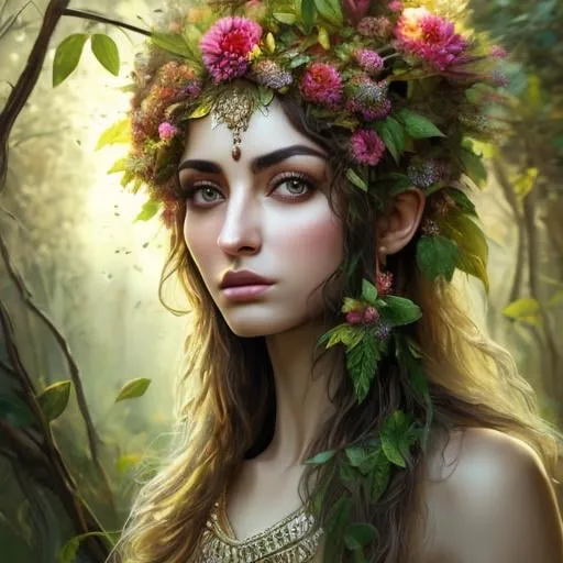 Prompt: High-resolution hyper realistic painting of {iranian vegetation goddess} [ameretat] , uhd, hdr, 64k, epic scene, crown, whole body, sharp edges, tree suit. flower hair, leaf eyes