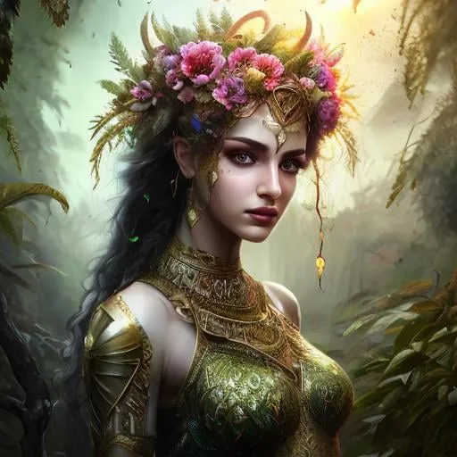 Prompt: High-resolution hyper realistic painting of {iranian vegetation goddess} [ameretat] , uhd, hdr, 64k, epic scene, crown, upper body, sharp edges, tree suit. flower hair, leaf eyes