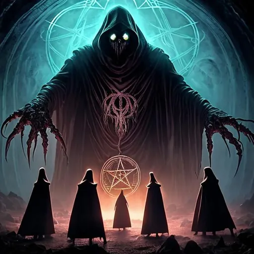 Prompt: Hooded figures stand around an ancient, engraved pentagram, wielding arcane symbols. summoning a colossal, otherworldly entity reminiscent of Cthulhu. Shadows dance on the walls as the cult exerts control over powerful forces, hinting at the hidden influence they hold over the world