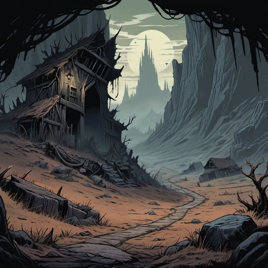 Prompt: beastgrave background, landfields, detailed, dark colors, dramatic, graphic novel illustration,  2d shaded retro comic book