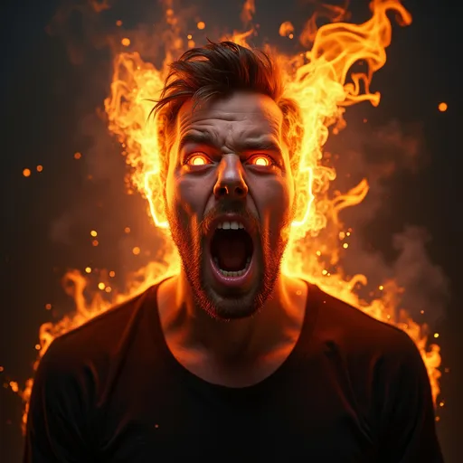 Prompt: I need a picture of a guy that receives an electric shock. His hair looks like in fire. His eyes almost pop out . He is screaming, very scared. There is smoke in his ears
