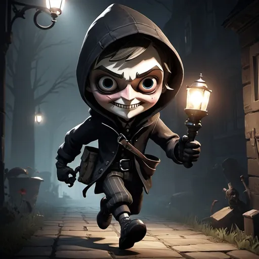 Prompt: THIEF from a game identity V runing from a black figure with a flashlight