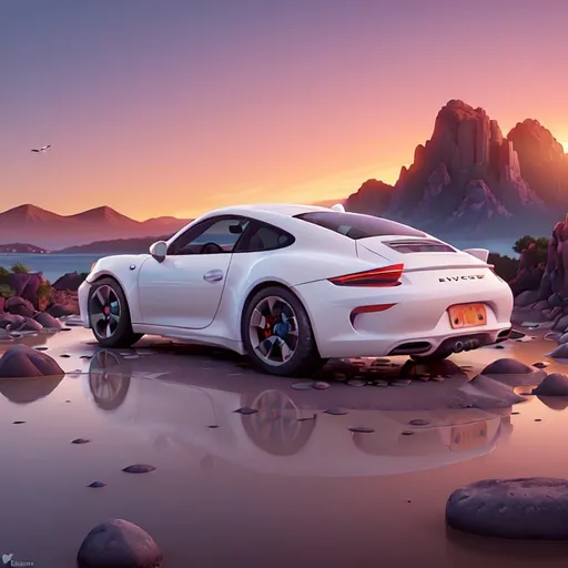 Prompt: an illustration of a white Porsche 911 parked in front of a mountain landscape during sunset. The image has a circular border and a cool color scheme. 
The car is detailed with visible doors and windows. It looks like a modern and spacious vehicle. The sky is filled with clouds that are illuminated in vibrant hues of blue, purple, pink, and orange.
Below this spectacle in the sky lies a rocky shoreline that appears wet and reflective.
Intricate textures on these dark rocks can be observed.
Puddles of water collected on these rocks reflect the colorful skies above.
The horizon is visible but dominated by intense colors from the setting or rising sun