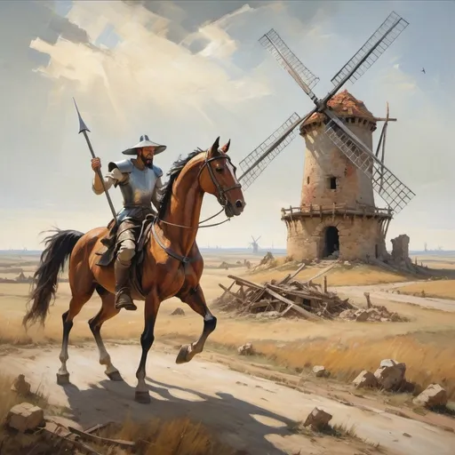 Prompt: Create an impressionistic scene depicting the fight of the gaunt, gaunt Don Quixote and his skinny horse with windmills on a windswept plain with the ruins of the defeated windmills in the background